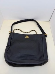 chanel 香奈兒 晶片款 大號黑金hobo嬉皮包 編織粗肩帶單肩包 36cm