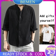 Summer linen shirt, men's 3/4-sleeve shirt, loose cotton shirt, black，M-5XL