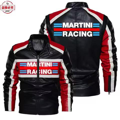 Martini Racing Logo Printed Racing Suit PU Leather Jacket Windproof Men's Contrasting Leather Jacket