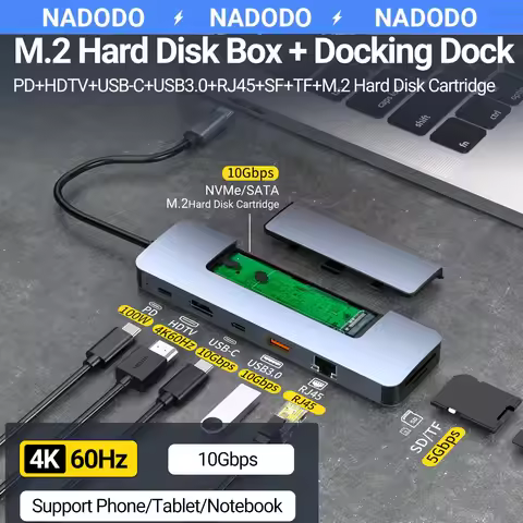 8-in-1 USB C Hub&M.2 SSD Enclosure Support NVME&SATA ,With 4K HD,USB 3.0,PD 100W,RJ45 1000M,SD/TF Re