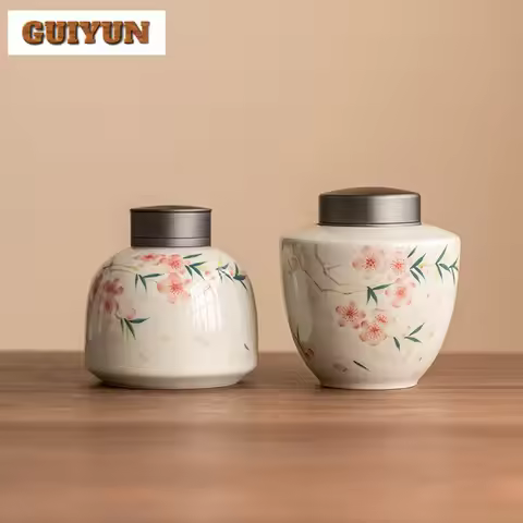 Hand Drawn Peach Blossom Alloy Tea Box Organizer Moisture-proof Storage Tank Box Containers Tea Cadd