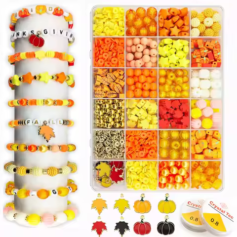 1470Pcs Fall Bracelets Beads Kit Thanksgiving Fall Beads Autumn Maple Leaf Pumpkin Clay Beads for Ne