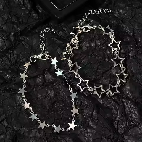 2Pcs Y2K Cute Star Stackable Bracelet Set Silver Tone Hollow & Solid Star Chain Bracelets for Women 
