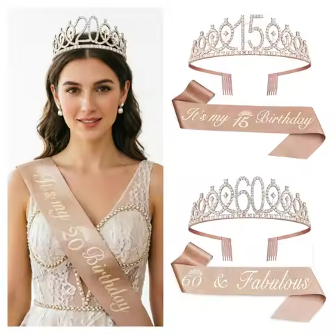 Birthday Sash & Crown Women Girls 15th 20th 25th 30th 35th 40th 45th 50th 55th 60th 65th 70th Party 