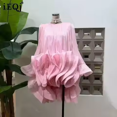 IEQJ Autumn Full Flare Sleeve Pleated Asymmetrical Ruffled Hem Dress Women Loose Shimmer Crinkle Chi