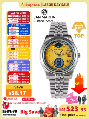 San Martin 39mm Miyota 9132 Power Reserve Display Men Luxury Sport Watch Automatic Mechanical Waterp