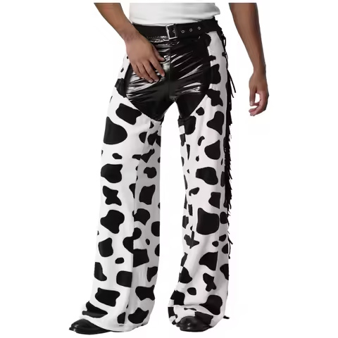 Men Fashion Crotchless Pants Vintage Cow Spot Pattern Flannel Pants for Biking Riding Cowboy Chaps H