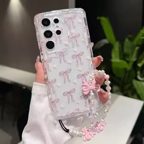 Pink Bowknot Chain Phone Case For VIVO Y36 Y03 Y21 Y20 Y20i Y16 Y39 Y29 Y27 Y28 Y18 Y28S Y02S Y76 Y2