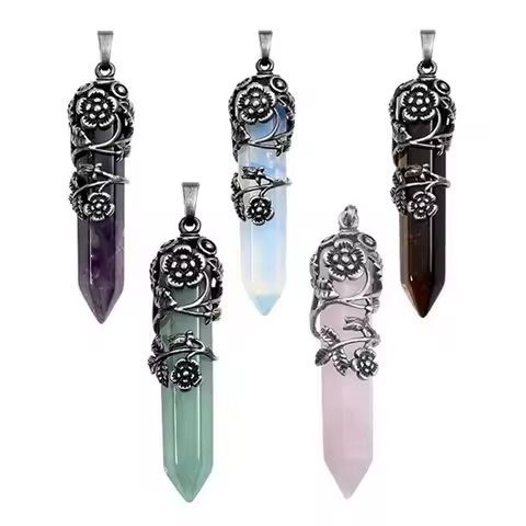 KFT Antique Silver Plated Natural Healing Crystal Quartz Stone Flower Wrapped Hexagon Prism Pendulum