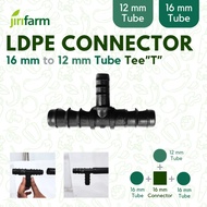 JIRIFARM - Barb Connector 16mm to 12mm - Tee Connector Hose PE Hydroponic Irrigation - T 16mm to 12m