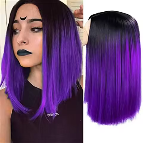 Black To Purple Bob Wig Straight Shoulder Length Short BobCut Wig For Women Synthetic Fiber Hair Wig