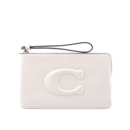 【COACH】C Logo 銀釦縫線標誌平滑皮革大款手拿包(白色)/平行輸入
