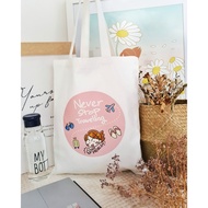 Kano Designer Tote Bag -White A4 32x40cm Canvas Recycle/ Foldable/ Cute/ Pink Cartoon/ Washable/ Lap