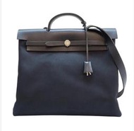 「JL精品代購」中古現貨 愛馬仕黑色牛皮拼帆布 HERBAG 39  兩用包 含替換袋
