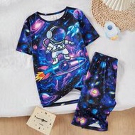 Teenage Boys' Black Minimalist Astronaut & Planet Glow-In-The-Dark Print Short Sleeve Tee & Shorts 2