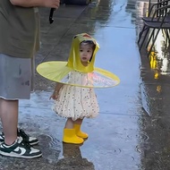 Baju hujan piring terbang bebek kuning kecil, poncho bayi, kasut hujan, topi payung gaya jubah kanak
