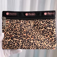 日本 LeSportsac x X-Girl 啡色豹紋帆布 長方 收納袋