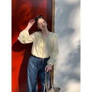 [EGGKA] Ruffled V-neck design shirt