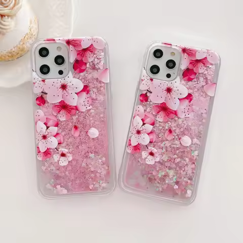 Glitter Pink Flower Case For OPPO Find X5 Lite X3 Reno 10 6 7 8 Realme 12 11 C55 C53 C35 Quicksand L