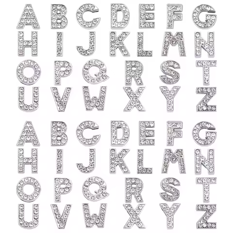 52pcs/box Eco-Friendly Zinc Alloy Slide Charms with Rhinestone Platinum Plated Letter A~Z Crystal 12