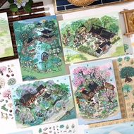 ENWEI 3Pcs [My Little House Series] 2.5D Ancient Courtyard Scenery Stickers Waterproof Material Stat