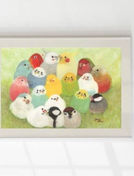A4 藝術海報幸福花束、日本長尾山雀、虎皮鸚鵡、長尾小鸚鵡、雀、野鳥、麻雀、玄鳳鸚鵡