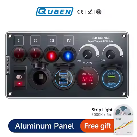 Toggle Switch Multi-Functions Aluminum Panel LED Dimmer Switch 12V 24V for RV Dual Port USB QC3.0 Ci