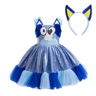 Cartoon Anime Bluey Princess Dress and Headband Glasses for Girls Halloween Party Cosplay Costume
