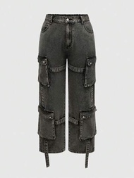 ROMWE Grunge Punk 超大尺碼街頭朋克牛仔黑/灰色加厚工作褲，三維結構，寬鬆版型，直筒褲腳，多口袋設計