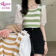 新款 小香風 上衣女韓版 ins 潮 顯瘦 冰絲 上衣女韓版 ins 潮 【袖型独特】2025夏季新款小香风条纹针织衫女时尚气质短袖修身显瘦冰丝上衣潮 [Unique Sleeve Type] 202