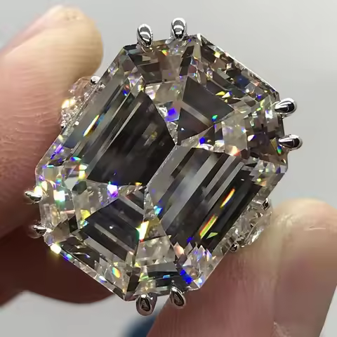 WUIHA 18K Gold Plated Ascher Cut 50CT Synthetic Diamond Gemstone Wedding Ring for Women 925 Sterling