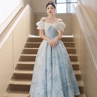 晚禮服裙女藍色高級宴會主持人氣質輕奢小衆法式一字肩學生藝考服
