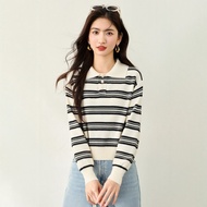 puella | เสื้อไหมพรมสตรีปolo คอปก สไตล์ Casual ลายขวางและสีบล็อก ทรงหลวม