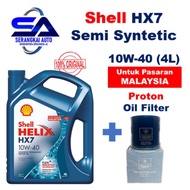 (NEW BOTOL) Original Proton Oil Filter + Shell Helix HX7 Semi Synthetic Engine Oil / Minyak Hitam 10W 40 (4L)
