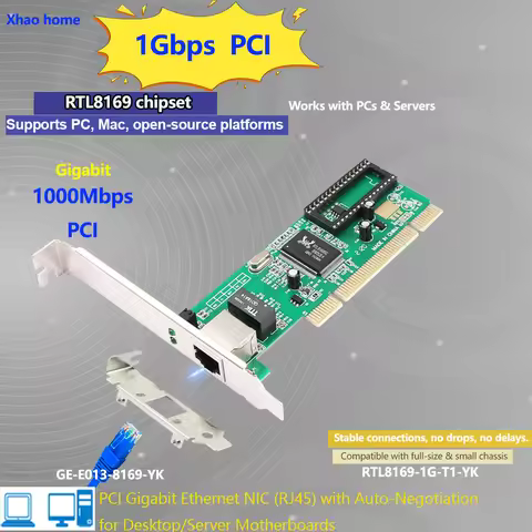 Gigabit PCI Ethernet Card for Desktop PC RTL8169 Chip, 10/100/1000Mbps, RJ45 Single Port, Fits Big &