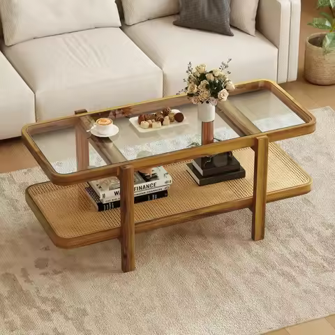 Coffee Table, 47.5 Rectangle Solid Wood Tea Table w/Tempered Glass Tabletop & PE Rattan Storage Shel