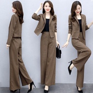 Blazer Set Women Plaid Suit Blazer Thin Coat + Long Pants Sets Premium Formal Business Suit Office P