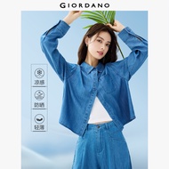 GIORDANO ผู้หญิง เสื้อเชิ้ตกันแดด เสื้อเชิ้ตยีนส์น้ำหนักเบา เสื้อเชิ้ตกระเป๋าเดี่ยว แขนยาว แฟชั่นลำล
