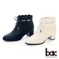 [bac] Diamond Strip Block Heel Lace Ankle Boots 225-612