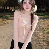Lace Stitch Pattern Slim Fit Bow Knot V-neck Sweater