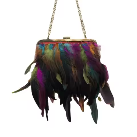 Women's ostrich feather bag, colorful feather bag, multi-color chain fashion wallet, handmade crossb