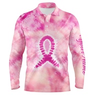 Men golf polo shirts pink tie dye breast cancer awareness golf tournament golf tops for men long sleeved