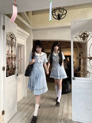 Blue Summer Short Sleeve School Uniform Set Womens Waist-Cinching Japanese Style Lulu Cake Shortie O