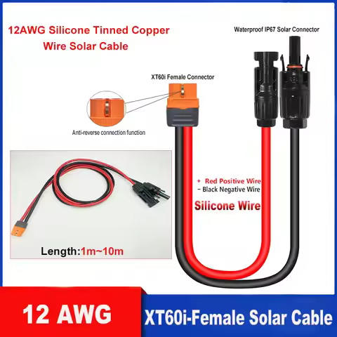 12 AWG Solar to XT60i Cable 1m~10m (3.2ft~32.8ft) Solar Connector to XT60i-F Adapter Cable, suitable