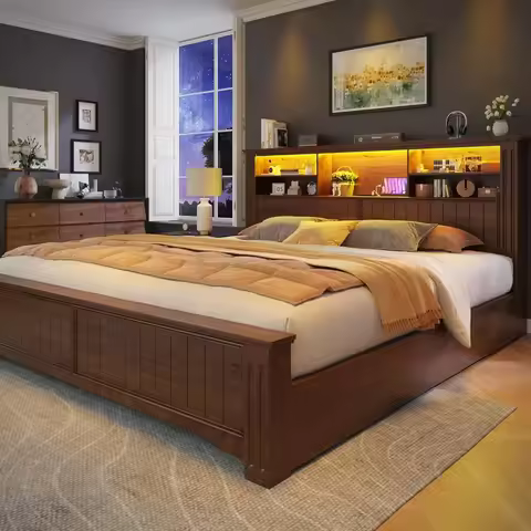 EnHomee King Size Bed Frame with 4 Storage Drawers, King Bed Frame and Headboard with LED Lights & C