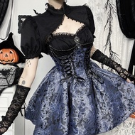 Solid Color Gothic Dark Jacquard Sling Skirt Suit with Blouse