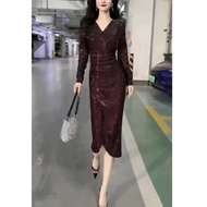 Daaimei Yiyuan 2023 Autumn Collar Sequined Dress - Mid-Length Slim Fit