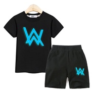 Alan Walker ชุดเสื้อแขนสั้นกางเกงขาสั้นสําหรับเด็กผู้ชาย 2 ชิ้น เสื้อผ้าเรืองแสง kids