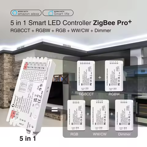 ZigBee3.0 Pro+ 12V 24V 5 in 1 Smart LED Strip Controller Max 20A Single Color/CCT/RGB/RGBW/RGBCCT Tu