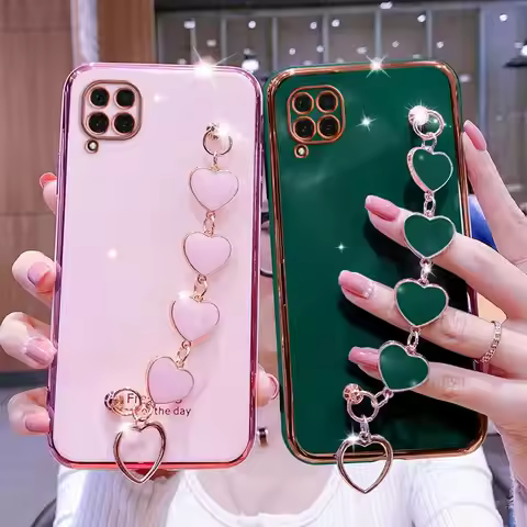 Wrist Bracelet Phone Case For Huawei P40 Lite E Case Luxury Heart Chain Plating Cover For Huawei P40